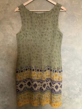 Vintage 90s Braemar Jeremy Scott Floral Batik Sheath Dress Green Purple 12 14